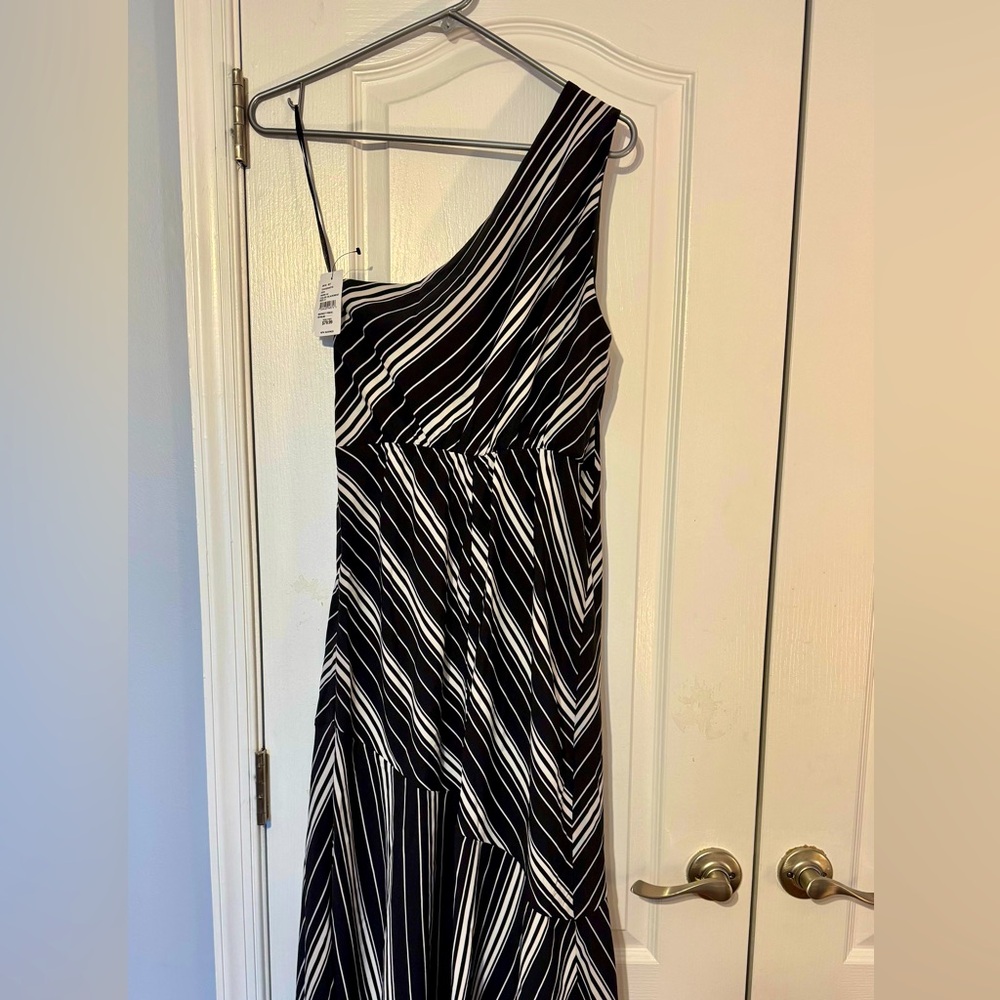 Sam Edelman one shoulder midi dress with angled stripes. Brand new with tags.